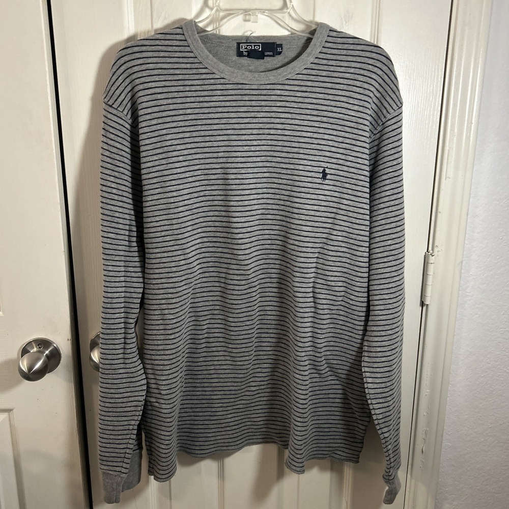 VTG Polo Ralph Lauren Cotton Sweater Gray Blue Stripe‎ Men XL Blue Pony